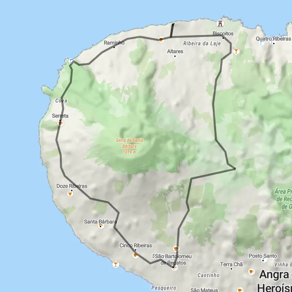 Miniatura do mapa de inspiração para ciclismo "Circuito da Costa Oeste" em Região Autónoma dos Açores, Portugal. Gerado pelo planejador de rotas de ciclismo Tarmacs.app