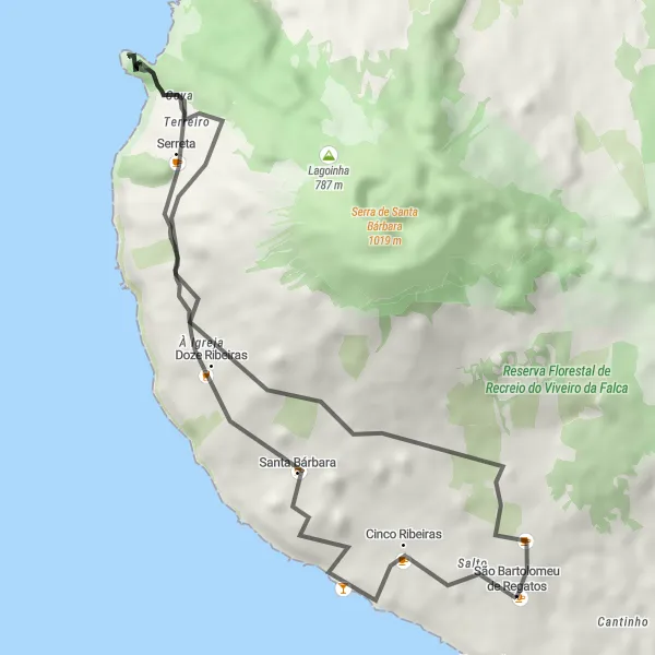 Miniatura do mapa de inspiração para ciclismo "Rota Cénica por Santa Bárbara e Cova" em Região Autónoma dos Açores, Portugal. Gerado pelo planejador de rotas de ciclismo Tarmacs.app