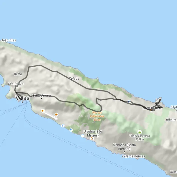 Miniatura do mapa de inspiração para ciclismo "Circuito Rodoviário de Velas" em Região Autónoma dos Açores, Portugal. Gerado pelo planejador de rotas de ciclismo Tarmacs.app