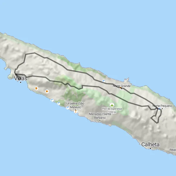 Miniatura do mapa de inspiração para ciclismo "Circuito ao redor de Velas" em Região Autónoma dos Açores, Portugal. Gerado pelo planejador de rotas de ciclismo Tarmacs.app