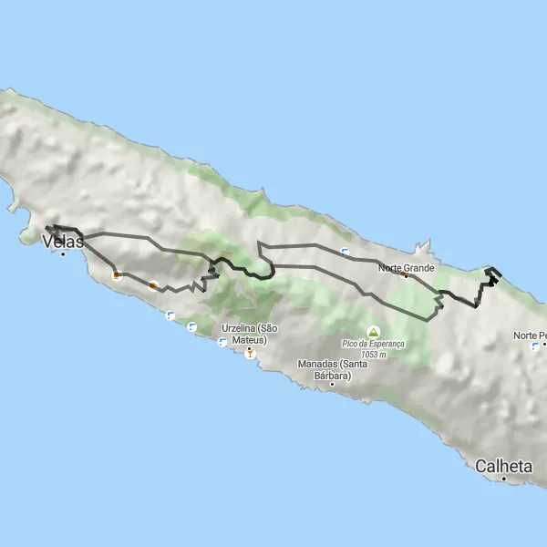 Miniatura do mapa de inspiração para ciclismo "Caminho das Fajãs de Velas" em Região Autónoma dos Açores, Portugal. Gerado pelo planejador de rotas de ciclismo Tarmacs.app