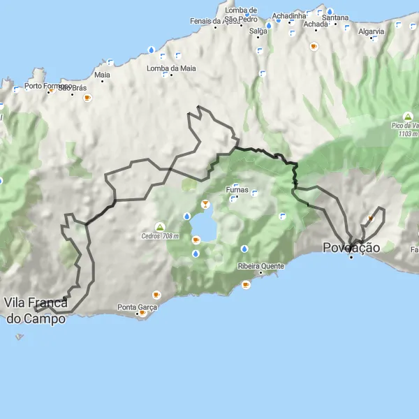Miniatura do mapa de inspiração para ciclismo "Circuito Cénico da Região" em Região Autónoma dos Açores, Portugal. Gerado pelo planejador de rotas de ciclismo Tarmacs.app