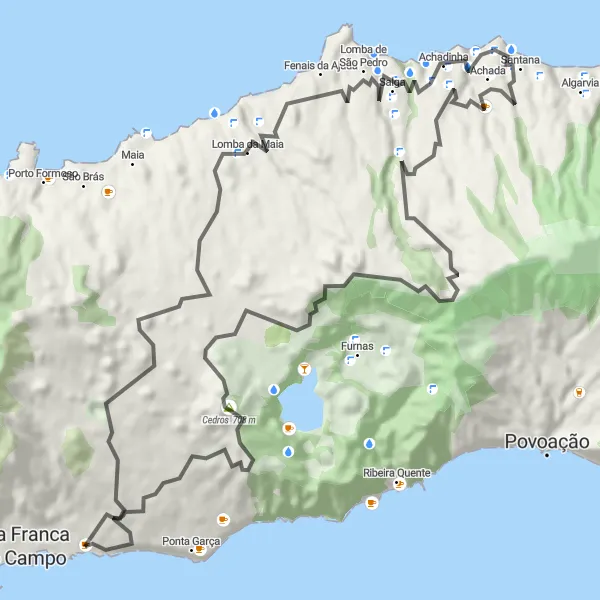 Miniatura do mapa de inspiração para ciclismo "Volta por Vila Franca do Campo" em Região Autónoma dos Açores, Portugal. Gerado pelo planejador de rotas de ciclismo Tarmacs.app