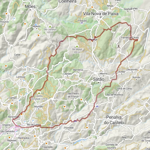 Miniatura do mapa de inspiração para ciclismo "Expedição de Gravel de Abraveses a Rio de Loba" em Centro (PT), Portugal. Gerado pelo planejador de rotas de ciclismo Tarmacs.app