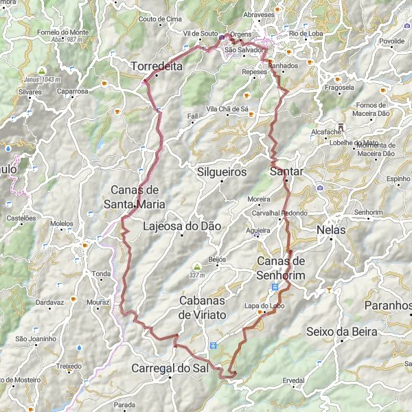 Miniatura do mapa de inspiração para ciclismo "Rota de Ciclismo em Gravel de Abraveses a Farminhão" em Centro (PT), Portugal. Gerado pelo planejador de rotas de ciclismo Tarmacs.app