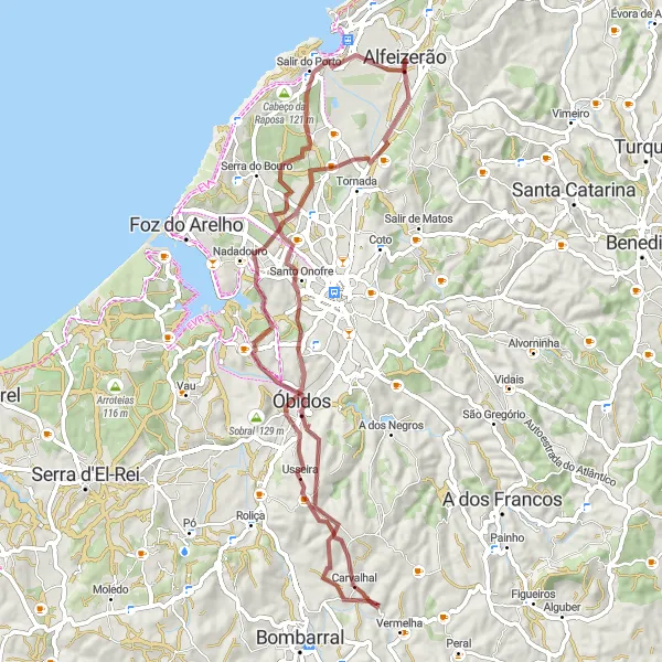 Miniatura do mapa de inspiração para ciclismo "Exploração da Região Oeste" em Centro (PT), Portugal. Gerado pelo planejador de rotas de ciclismo Tarmacs.app