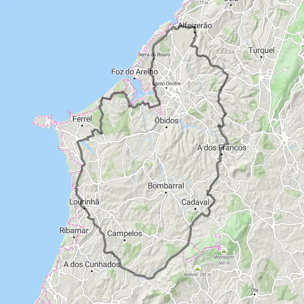 Miniatura do mapa de inspiração para ciclismo "Desafio da Rota das Colinas" em Centro (PT), Portugal. Gerado pelo planejador de rotas de ciclismo Tarmacs.app