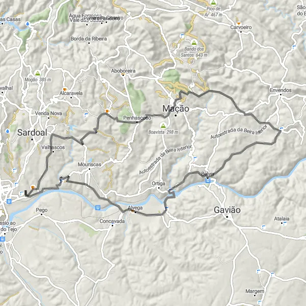 Miniatura do mapa de inspiração para ciclismo "Rota do Tejo e Zêzere" em Centro (PT), Portugal. Gerado pelo planejador de rotas de ciclismo Tarmacs.app