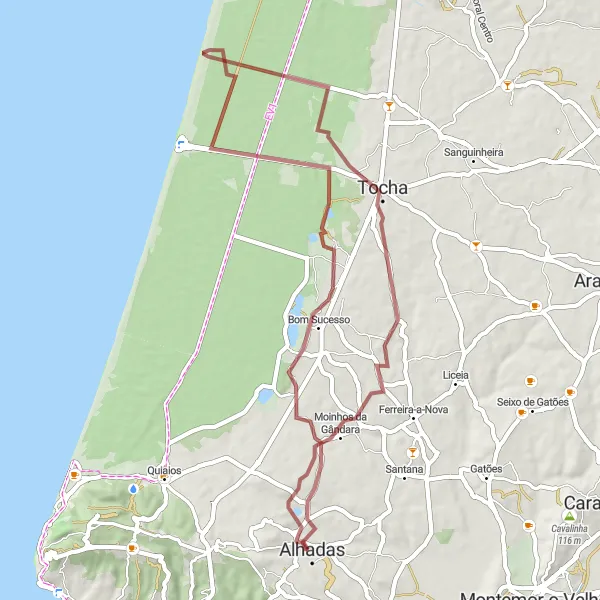Miniatura do mapa de inspiração para ciclismo "Rota dos Moinhos e Praias da Gândara" em Centro (PT), Portugal. Gerado pelo planejador de rotas de ciclismo Tarmacs.app