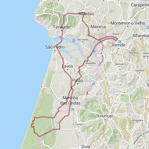 Miniatura do mapa de inspiração para ciclismo "Aventura Off-Road de Alhadas para Tavarede" em Centro (PT), Portugal. Gerado pelo planejador de rotas de ciclismo Tarmacs.app
