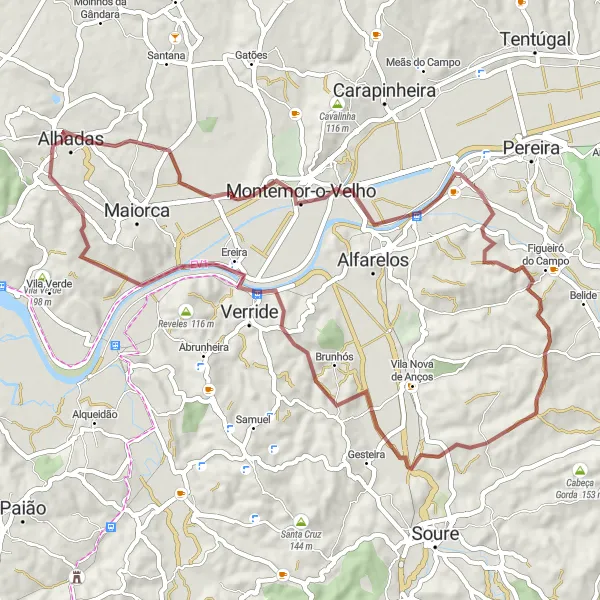 Miniatura do mapa de inspiração para ciclismo "Aventura de Alhadas para Vila Nova da Barca" em Centro (PT), Portugal. Gerado pelo planejador de rotas de ciclismo Tarmacs.app