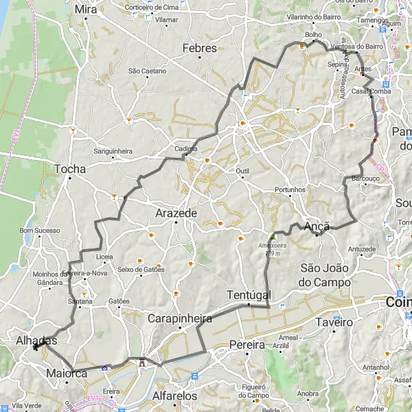 Miniatura do mapa de inspiração para ciclismo "Caminho das Colinas e Vilas Antigas" em Centro (PT), Portugal. Gerado pelo planejador de rotas de ciclismo Tarmacs.app