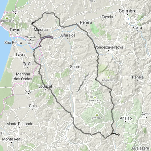 Miniatura do mapa de inspiração para ciclismo "Desafio de Alhadas para Ereira" em Centro (PT), Portugal. Gerado pelo planejador de rotas de ciclismo Tarmacs.app