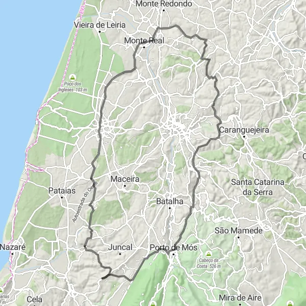 Miniatura do mapa de inspiração para ciclismo "Rota dos Pelourinhos" em Centro (PT), Portugal. Gerado pelo planejador de rotas de ciclismo Tarmacs.app