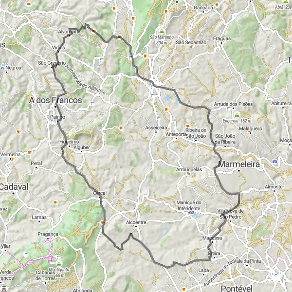 Miniatura do mapa de inspiração para ciclismo "Rota Alvorninha Road" em Centro (PT), Portugal. Gerado pelo planejador de rotas de ciclismo Tarmacs.app