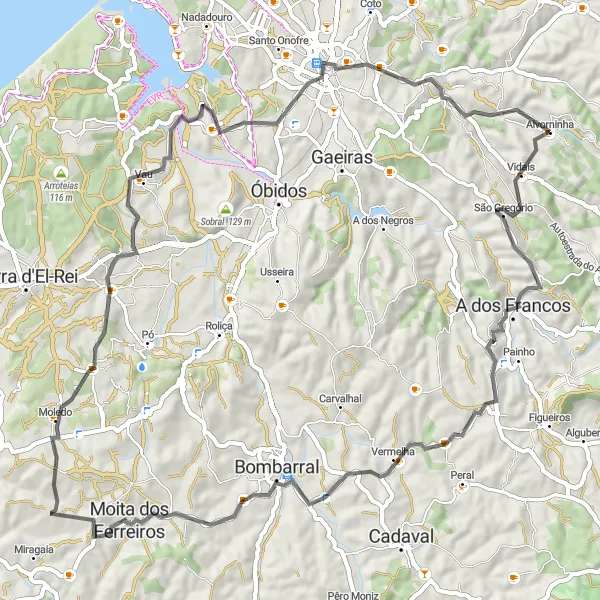 Miniatura do mapa de inspiração para ciclismo "Circuito Vidais - Caldas da Rainha" em Centro (PT), Portugal. Gerado pelo planejador de rotas de ciclismo Tarmacs.app