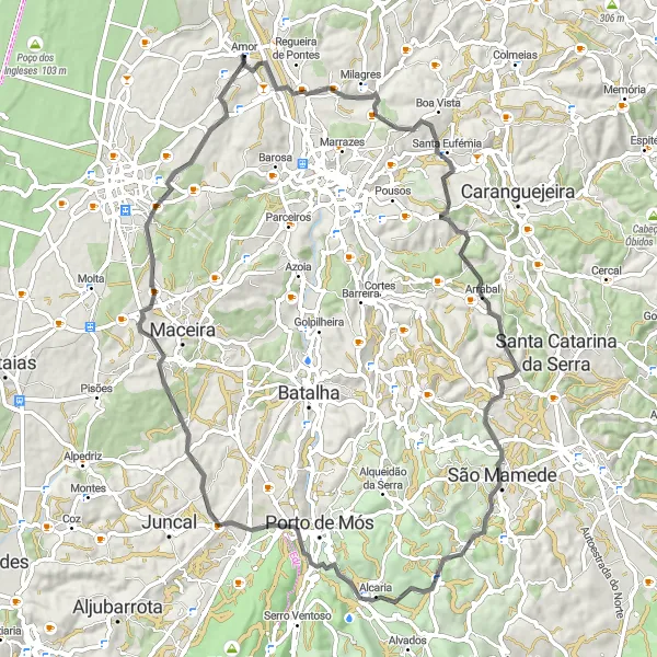 Map miniature of "Milagres Epic Road Ride" cycling inspiration in Centro (PT), Portugal. Generated by Tarmacs.app cycling route planner