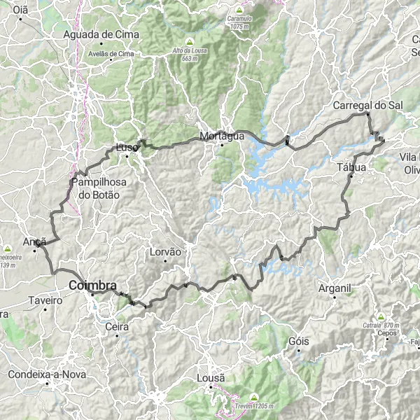 Miniatura do mapa de inspiração para ciclismo "Desafio da Serra de Ançã" em Centro (PT), Portugal. Gerado pelo planejador de rotas de ciclismo Tarmacs.app