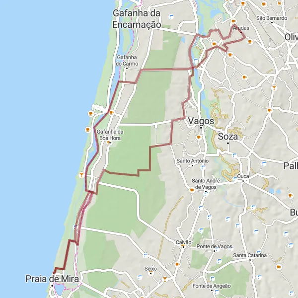 Miniatura do mapa de inspiração para ciclismo "Rota das Praias de Mira" em Centro (PT), Portugal. Gerado pelo planejador de rotas de ciclismo Tarmacs.app
