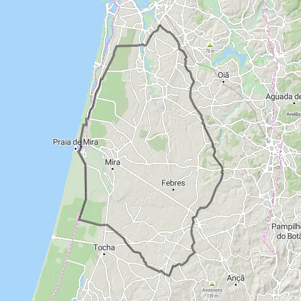 Miniatura do mapa de inspiração para ciclismo "Rota das Praias de Aveiro" em Centro (PT), Portugal. Gerado pelo planejador de rotas de ciclismo Tarmacs.app