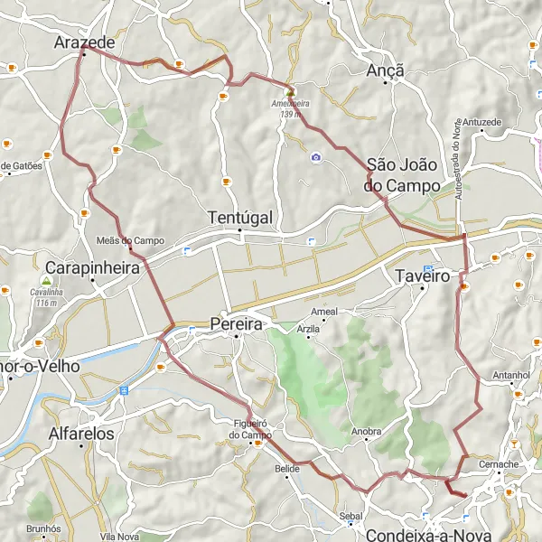 Map miniature of "Arazede Exploration Route" cycling inspiration in Centro (PT), Portugal. Generated by Tarmacs.app cycling route planner