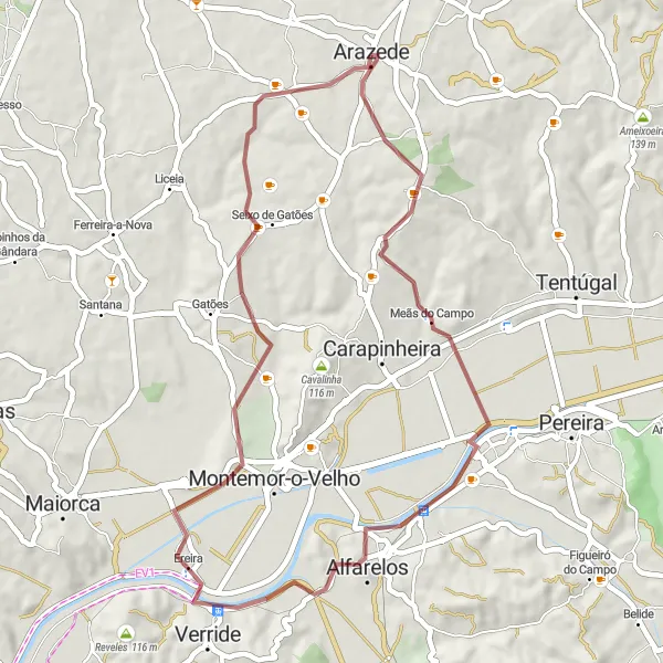 Miniatura do mapa de inspiração para ciclismo "Rota de Gravel de Arazede" em Centro (PT), Portugal. Gerado pelo planejador de rotas de ciclismo Tarmacs.app