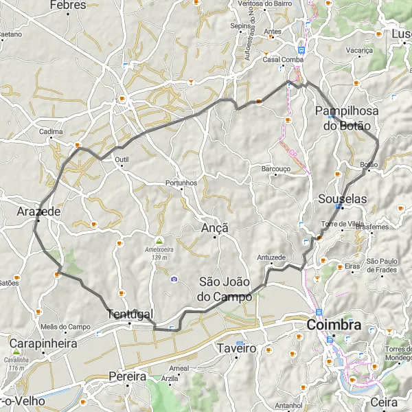 Map miniature of "Cordinhã Road Loop" cycling inspiration in Centro (PT), Portugal. Generated by Tarmacs.app cycling route planner