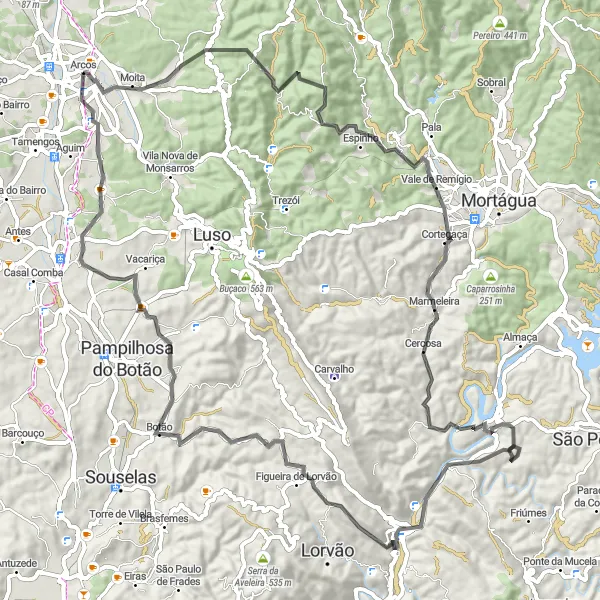 Map miniature of "Challenging Ride to Arcos and Surrounding Areas" cycling inspiration in Centro (PT), Portugal. Generated by Tarmacs.app cycling route planner