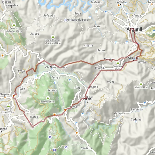 Miniatura do mapa de inspiração para ciclismo "Caminho Pelas Montanhas de Arganil" em Centro (PT), Portugal. Gerado pelo planejador de rotas de ciclismo Tarmacs.app
