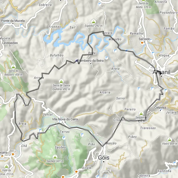 Miniatura do mapa de inspiração para ciclismo "Rota Cênica Road de Arganil" em Centro (PT), Portugal. Gerado pelo planejador de rotas de ciclismo Tarmacs.app