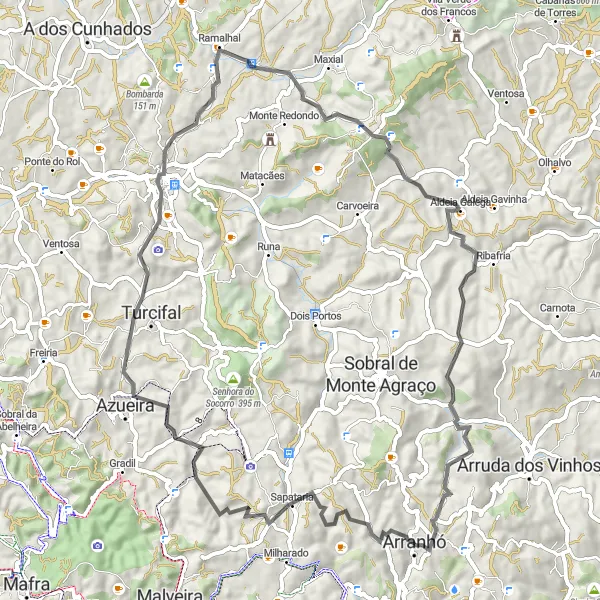 Miniatura do mapa de inspiração para ciclismo "Rota pelas Enxaras e Torres Vedras" em Centro (PT), Portugal. Gerado pelo planejador de rotas de ciclismo Tarmacs.app