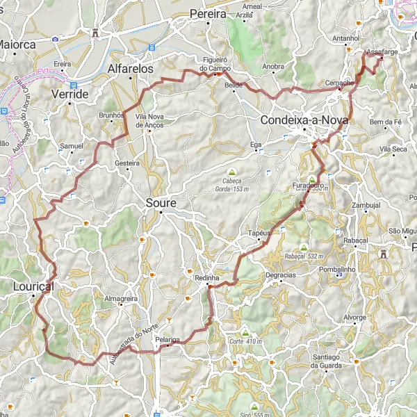 Miniatura do mapa de inspiração para ciclismo "Desafio de Ciclismo em Estradas de Terra Próximo a Assafarge" em Centro (PT), Portugal. Gerado pelo planejador de rotas de ciclismo Tarmacs.app