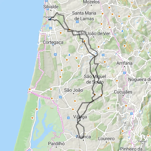 Miniatura do mapa de inspiração para ciclismo "Circuito Rio Meão" em Centro (PT), Portugal. Gerado pelo planejador de rotas de ciclismo Tarmacs.app