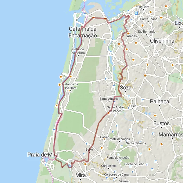 Miniatura do mapa de inspiração para ciclismo "Rota das Praias da Costa Nova" em Centro (PT), Portugal. Gerado pelo planejador de rotas de ciclismo Tarmacs.app