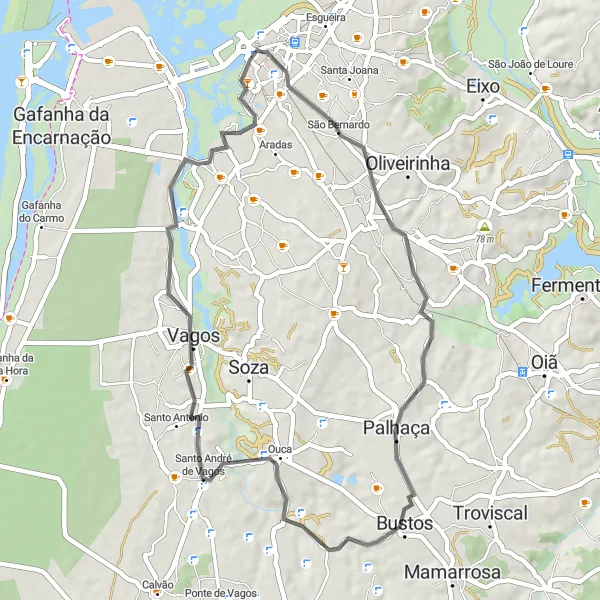 Miniatura do mapa de inspiração para ciclismo "Rota dos Barcos Moliceiros" em Centro (PT), Portugal. Gerado pelo planejador de rotas de ciclismo Tarmacs.app