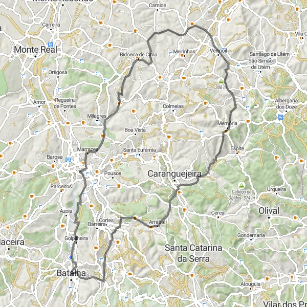 Miniatura do mapa de inspiração para ciclismo "Tour do Mosteiro de Batalha" em Centro (PT), Portugal. Gerado pelo planejador de rotas de ciclismo Tarmacs.app
