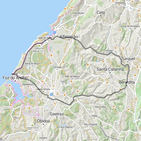 Miniatura do mapa de inspiração para ciclismo "Ride through Alfeizerão Highlights" em Centro (PT), Portugal. Gerado pelo planejador de rotas de ciclismo Tarmacs.app