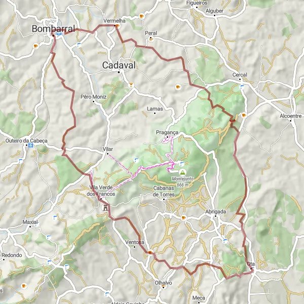 Miniatura do mapa de inspiração para ciclismo "Rota de Gravel Aventureira em Bombarral" em Centro (PT), Portugal. Gerado pelo planejador de rotas de ciclismo Tarmacs.app