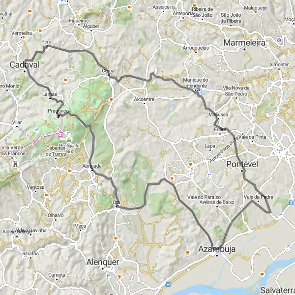 Miniatura do mapa de inspiração para ciclismo "Passeio de Road de Cadaval a Pragança" em Centro (PT), Portugal. Gerado pelo planejador de rotas de ciclismo Tarmacs.app