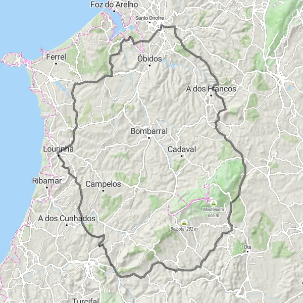 Miniatura do mapa de inspiração para ciclismo "Desafio Ciclístico: Caldas da Rainha para Toma" em Centro (PT), Portugal. Gerado pelo planejador de rotas de ciclismo Tarmacs.app