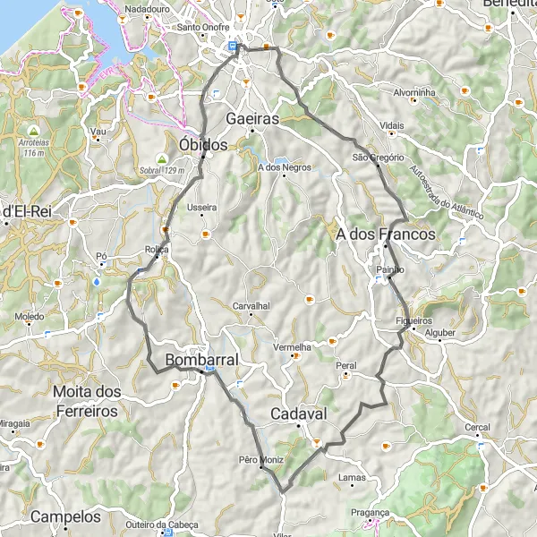 Miniatura do mapa de inspiração para ciclismo "Circuit of the Monuments" em Centro (PT), Portugal. Gerado pelo planejador de rotas de ciclismo Tarmacs.app