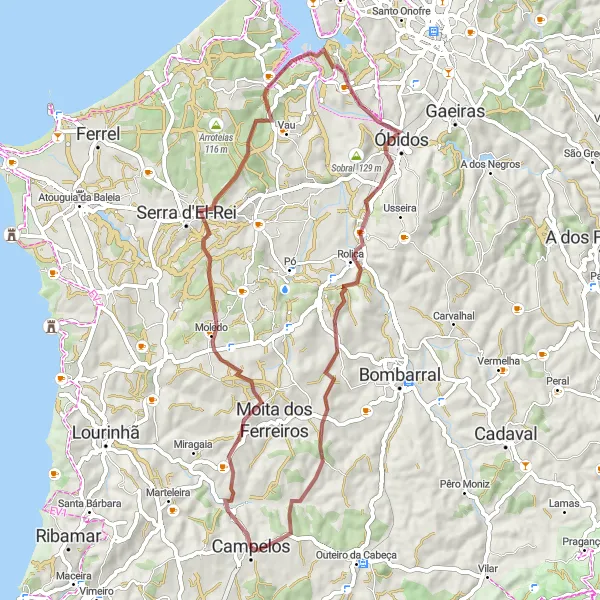 Miniatura do mapa de inspiração para ciclismo "Exploração Gravel de Campelos" em Centro (PT), Portugal. Gerado pelo planejador de rotas de ciclismo Tarmacs.app