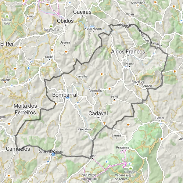 Miniatura do mapa de inspiração para ciclismo "Circuito da Serra de Montejunto" em Centro (PT), Portugal. Gerado pelo planejador de rotas de ciclismo Tarmacs.app