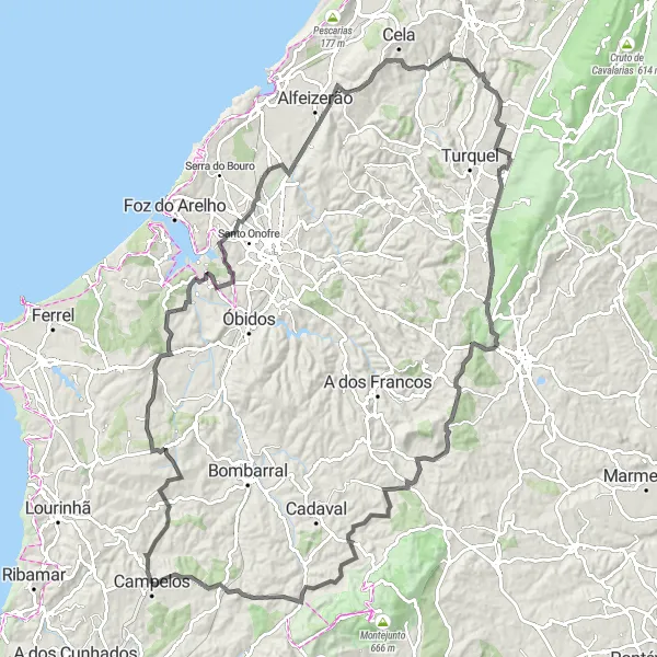 Miniatura do mapa de inspiração para ciclismo "Rota Desafiadora de Estrada de Campelos" em Centro (PT), Portugal. Gerado pelo planejador de rotas de ciclismo Tarmacs.app