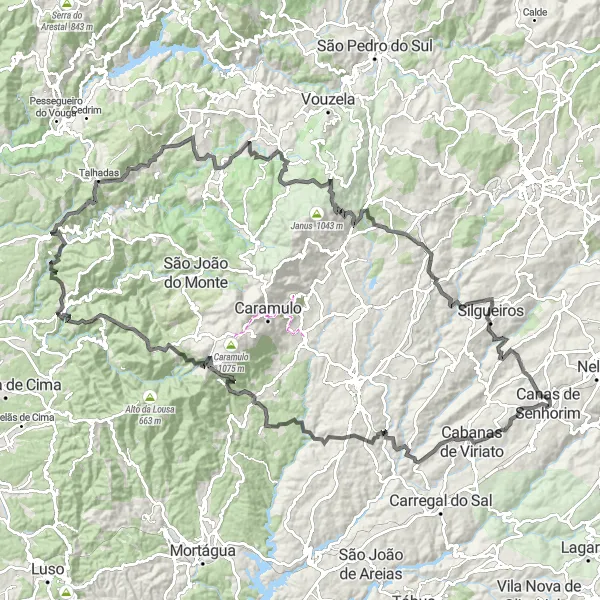 Miniatura do mapa de inspiração para ciclismo "Rota do Pelourinho de Canas de Senhorim" em Centro (PT), Portugal. Gerado pelo planejador de rotas de ciclismo Tarmacs.app