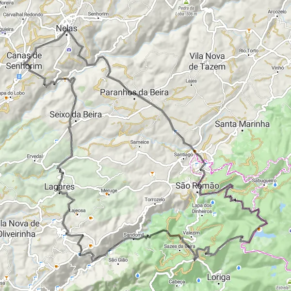 Miniatura do mapa de inspiração para ciclismo "Circuito de Canas de Senhorim e Sandomil" em Centro (PT), Portugal. Gerado pelo planejador de rotas de ciclismo Tarmacs.app