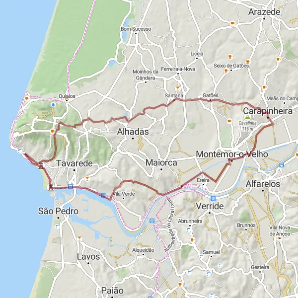 Map miniature of "Gravel Adventure through Montemor-o-Velho" cycling inspiration in Centro (PT), Portugal. Generated by Tarmacs.app cycling route planner