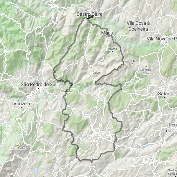 Miniatura do mapa de inspiração para ciclismo "Exploração completa de Castro Daire" em Centro (PT), Portugal. Gerado pelo planejador de rotas de ciclismo Tarmacs.app