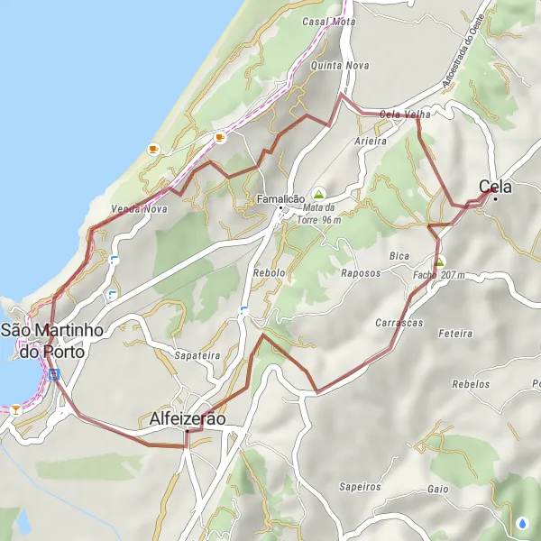 Miniatura do mapa de inspiração para ciclismo "Trilho de Cela e São Martinho do Porto" em Centro (PT), Portugal. Gerado pelo planejador de rotas de ciclismo Tarmacs.app