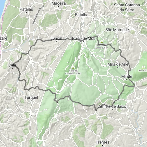 Miniatura do mapa de inspiração para ciclismo "Desafio Escarpado de Cela a Monte da Carpinteira" em Centro (PT), Portugal. Gerado pelo planejador de rotas de ciclismo Tarmacs.app